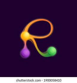 R letter logo with colorful spheres or dots and connecting lines. Vector technology icon perfect to use in any science labels, multimedia posters, energy identity, etc.