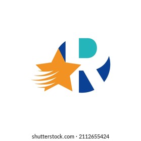 Logo de la letra R y estrella voladora creativa. Iniciales de logotipo corporativo en emblema redondo. Rápido efecto estrella. Identidad de marca corporativa. fondo blanco.