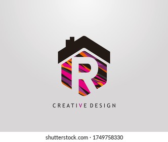 R Letter Logo. Creative hexagon house strip shape with negative space of letter R, Home Studio Icon Design.
