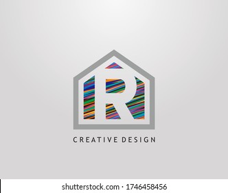 R Letter Logo. Creative house strip shape with negative letter R, Home Studio Icon Design.