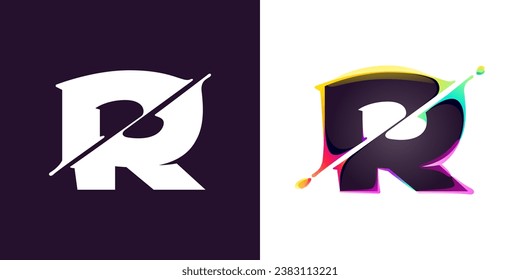 R letter logo letter with cyber distortion, color shift effect. Double exposure font. Neon glitch illusion icon. Colorful type for futuristic tech heading, music poster, vibrant sale banner.