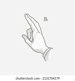 R letter logo in a deaf-mute hand gesture alphabet. Hand-drawn engraving style vector American sign language illustration.