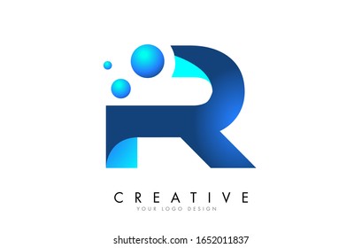 R Letter Logo Design with 3D and Ribbon Effect and Dots. Colorful rounded Letter with Blue Gradient.