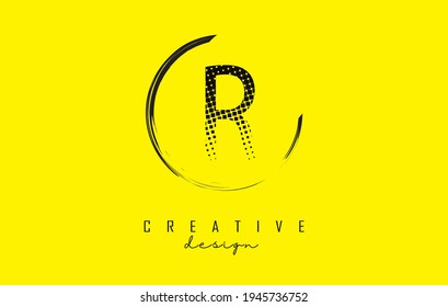 R letter logo design with black squares and circle frame on bright yellow background. Creative vector illustration with letter R.
