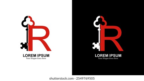 R letter logo design combined with a key