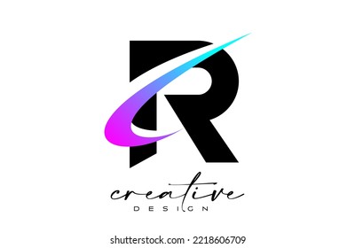 R Letter Logo Design with Creative Purple Blue Swoosh. Letter r Initial icon with curved shape vector illustration.