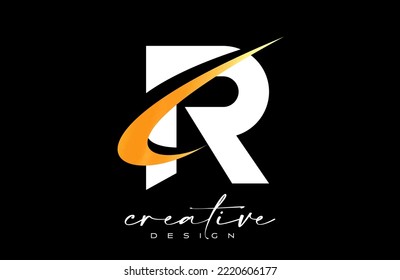 Diseño con logotipo de letra R con creativo Swoosh dorado. Icono de letra o inicial con ilustración vectorial de forma curva.