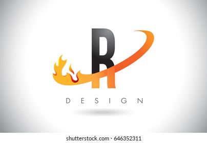 R Letter Logo Design with Fire Flames and Orange Swoosh Vector Illustration.