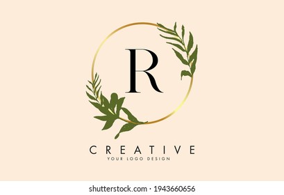 R Letter logo design with golden circles and green leaves on branches around it. Vector Illustration with R letter for personal branding, corporate, business, eco friendly or natural products. 
