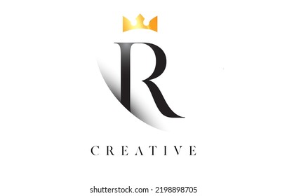 R Letter Logo Design with Golden Luxury Royal Crown Icon and Shadow Letter Vector. Serif Font r Logo Elegant Minimalist Design.