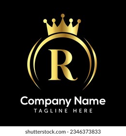 R letter logo design with golden crown vector.
