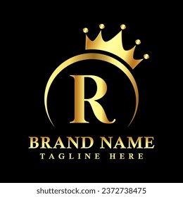 R letter logo design with golden crown vector.