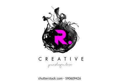 R Letter Logo Design with Ink Cloud Flowing Texture and Purple Colors.