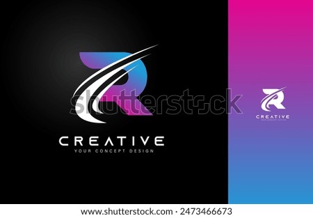R letter logo design in purple blue colors and curved swoosh shapes cut. Creative R logo icon vector Illustration.