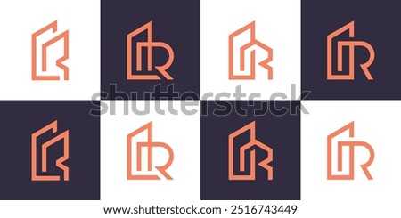 R letter logo design vector illustration with building logo