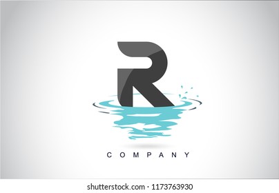 R Letter Logo Design With Water Splash Ripples Drops Reflection Vector Icon Illustration.