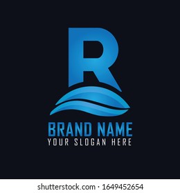 R Letter Logo Design with Water Splash Ripples Drops Reflection Vector Icon Illustration.