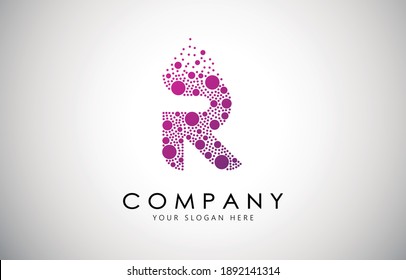 R Letter Logo with Dot or Circle Dispersion Bubble Effect. R Dotted letter in purple gradient vector illustration.