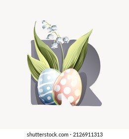 R letter logo with Easter eggs in classic design, lily of the valley leaves, and snowdrop flowers. Perfect for your greeting cards, and posters design.