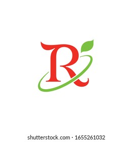 R letter logo with ellipse swosh and leaf accent