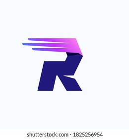 R letter logo with fast speed lines or wings. Corporate branding identity design template with vivid gradient. Can be used for delivery ads, technology poster, sport identity, etc.