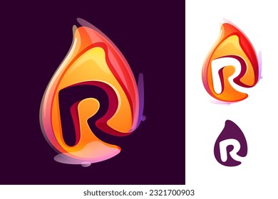 R letter logo in fire flame. Negative space 3D realistic icon. Vibrant initial in overlapping watercolor style. Vector watercolor font for danger labels, multicolor warning posters, sport identity.