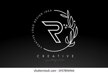 R Letter Logo with Floral Monogram Line Design and Circular Shape Vector. Elegant Leaf Botanical Design in Black and White Colors.