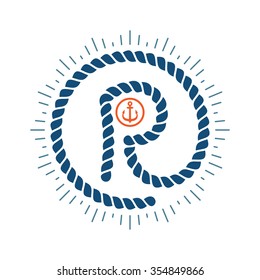 R letter logo formed by rope with compass star and anchor. Vector design template elements for your application or corporate identity.