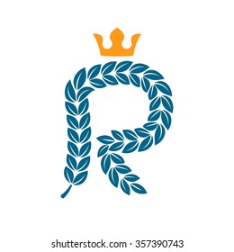 R letter logo formed by laurel wreath with crown. Vector design template elements for your application or corporate identity.