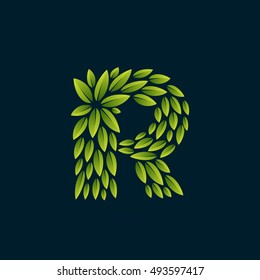 R letter logo formed by fresh green leaves. Vector ecology elements for banner, presentation, card, labels or posters.