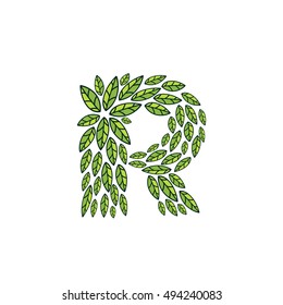 R letter logo formed by vintage pattern, line green leaves. Vector ecology elements for banner, presentation, card, labels or posters.