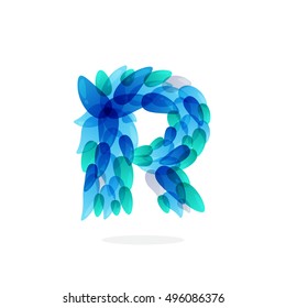 R letter logo formed by blue water splashes. Droplet pattern. Vector ecology elements for posters, t-shirts and cards.