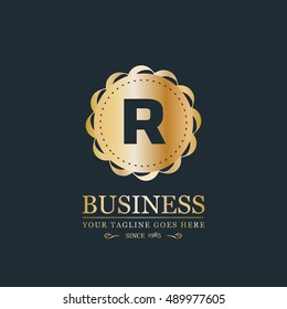 R Letter logo, Gold Monogram, line art logo design. Beautiful Boutique Logo Designs, Business sign, Restaurant, Royalty, Cafe, Hotel, Heraldic, Jewelry, Fashion, Wine. Vector illustration