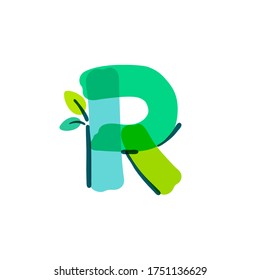 R-Brief-Logo mit handgeschriebenem grünem Blatt mit Filzstift. Vektorfett-Marker-Schrift kann für Naturetiketten, Sommerüberschriften, Bioplakate, Umweltkarten usw. verwendet werden.