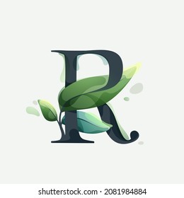 R letter logo with green leaves in clear vector watercolor style. Serif sans font for luxury emblem, botanical identity, ecology projects, wedding invitations.
