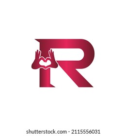 R letter logo with heart icon, Two hands making heart sign valentines day love concept