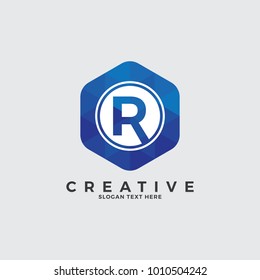 R Letter Logo Illustration Template. With circle on hexagonal shape. Polygonal style.