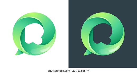 R letter logo inside speech bubble with swirl pattern. Negative space style icon. Colorful gradient emblem for your social media app, call center, online message, feedback icon, telemarketing screen.