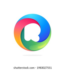 R letter logo inside swirling loop circle. Negative space style icon. Colorful gradient emblem for your social network app, fun avatar or loading screen.