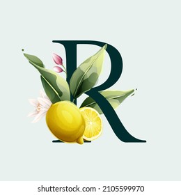 R letter logo with lemons in vector watercolor style. Illustration of green leaves, flowers, buds, and branches. Citrus fruit slices and splashing juice arrangements.