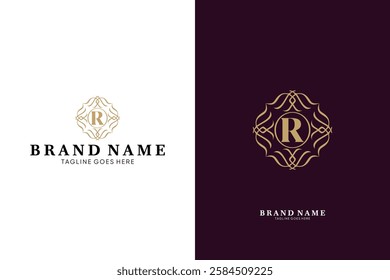 R letter logo with linear ornament luxury logo, emblem usable used for growing Business, Boutique, Identity, Beauty salon, Fashion, Jewelry, Hotel, Beauty products, Spa, etc. Vector illustration logo