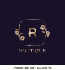 R Letter Logo Luxury Boutique, vector design concept floral flower frame for  fashion or boutique business.