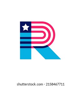 R letter logo made of American Stars and Stripes flag. Vector font for US history and 4th of July celebration in flat style. Perfect for Independence Day cards, invitations, banners.
