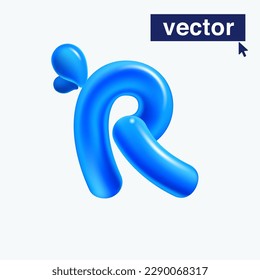 R letter logo made of blue clear water and dew drops. 3D realistic plastic cartoon balloon style. Glossy vector illustration. Perfect for eco-friendly banners, vibrant emblem, healthy food art.