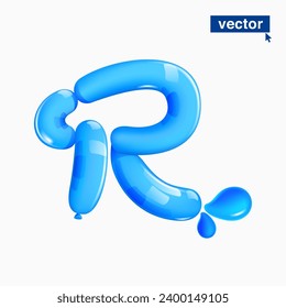 R letter logo made of blue clear water and dew drops. Eco-friendly realistic 3D twisted balloons. Vector elements in plastic cartoon style. Perfect for pure nature banner, healthy filter labels.