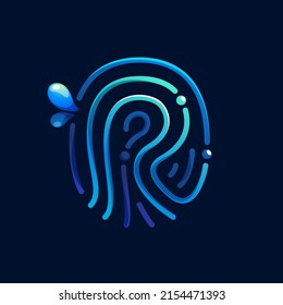 R letter logo made of fingerprint with pure water waves and drops. Blue gradient line icon. Vector emblem for environment friendly design, drink advertising, ecology application, organic identity.