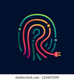 R letter logo made of fingerprint with plug. Colorful cable icon with vivid gradients and lines. Perfect for energy design, accessories advertising, gadget packaging, electric identity.