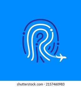 R Letter Logo Made Of Fingerprint With Plane And Airplane Trail. Blue And White Line Icon. Vector Typeface For Travel Labels, Tourism Headlines, Journey Posters, Aviation Cards Etc.