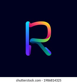 R letter logo made of multicolor gradient neon line. Vector bright icon for multimedia labels, nightlife headlines, cinema posters, casino advertisement etc.