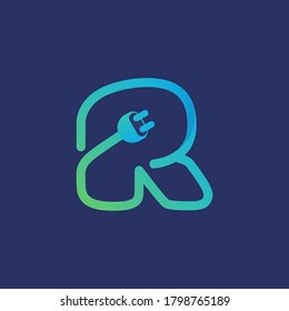R letter logo made of plug cable. Vector typeface for energy identity, charging headlines, electric car posters etc.